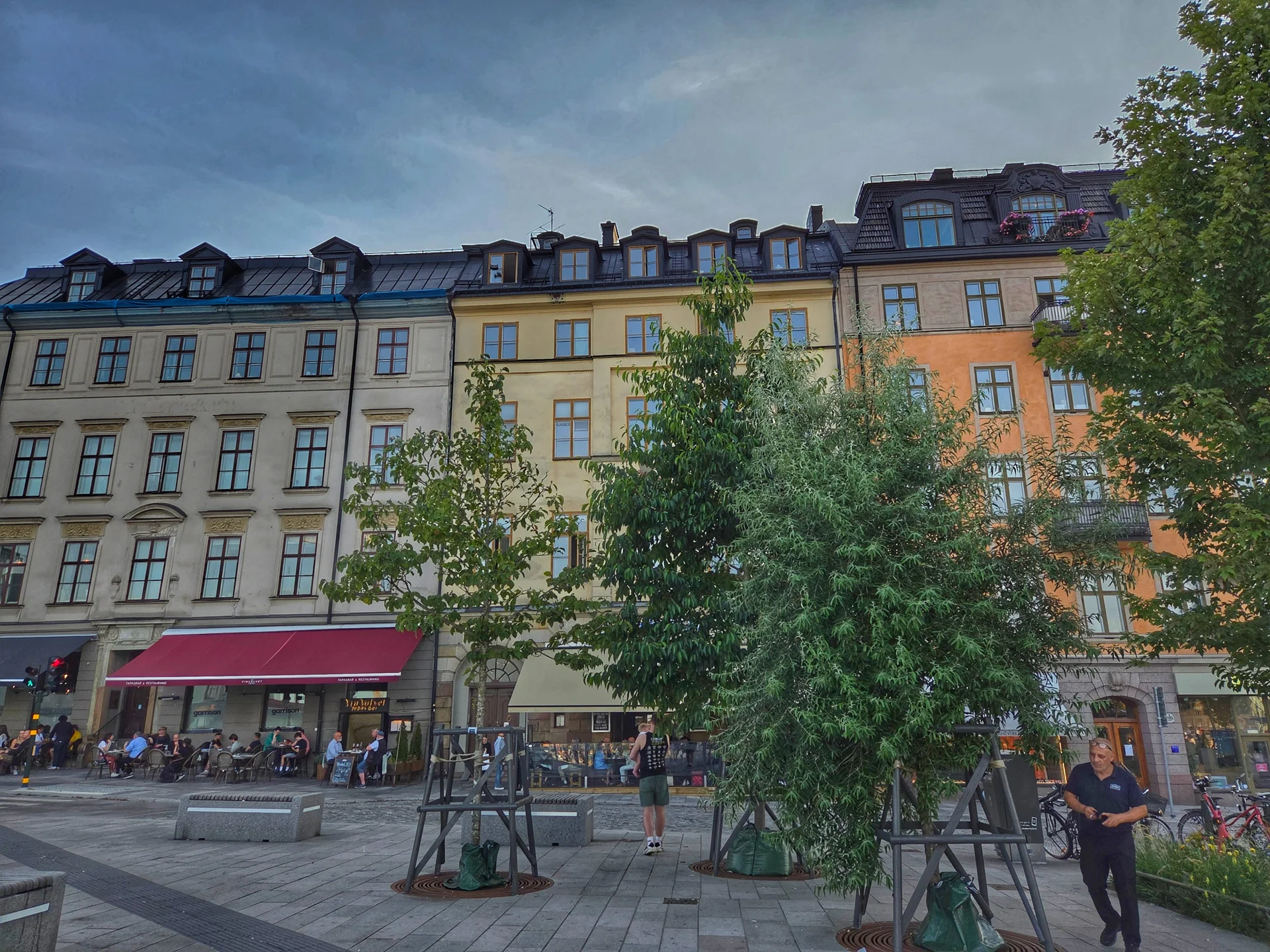 Färgglada hus med uteserveringar och folk bakom nyplanterade träd på ett stenlagt torg