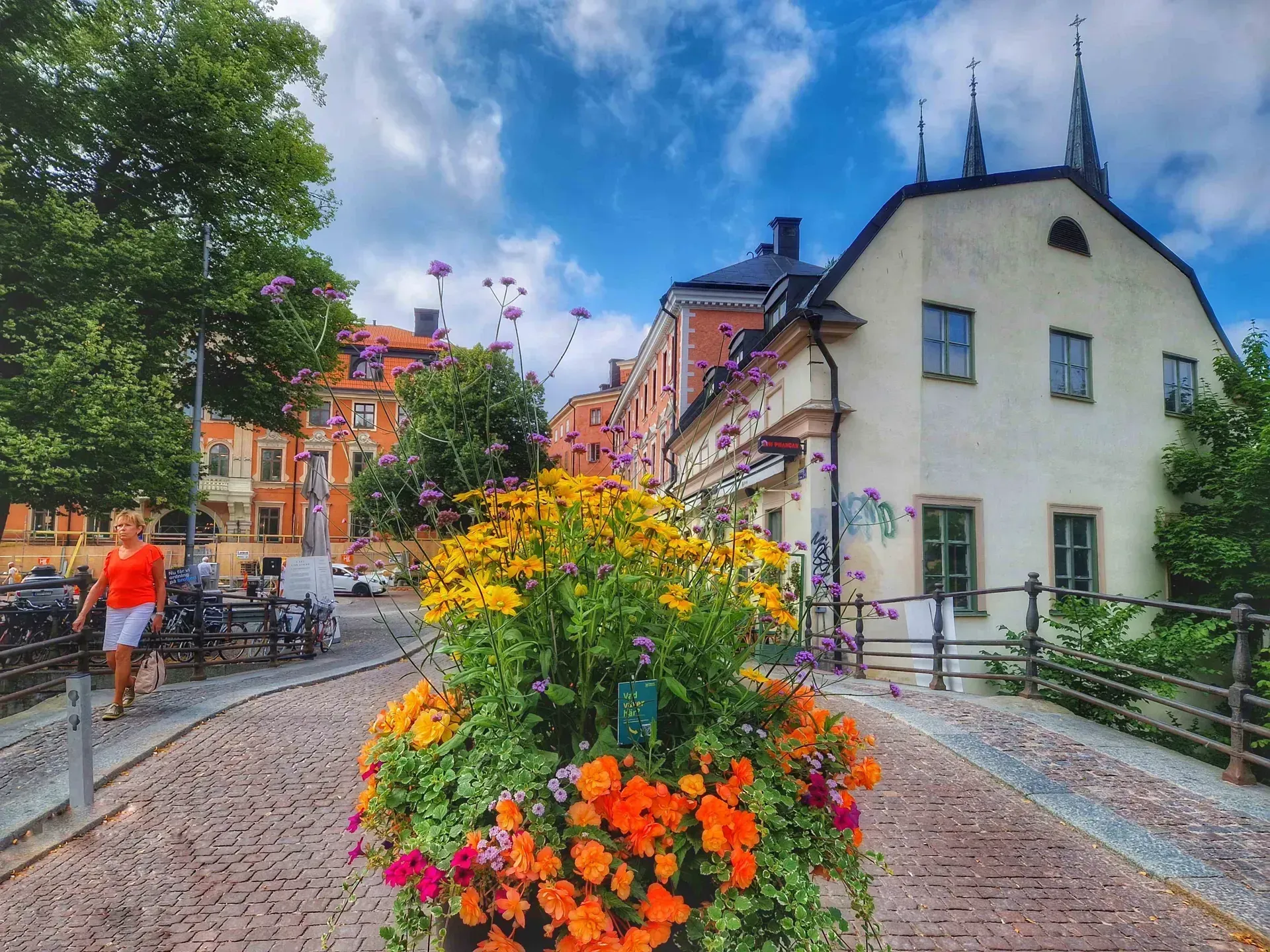Blomlåda på kullerstensgata. Byggnader och blå himmel syns i bakgrunden