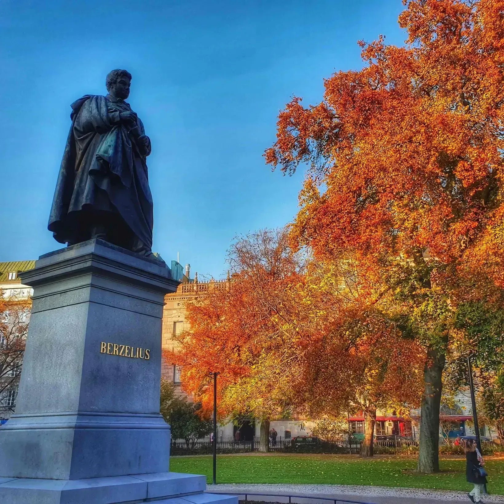 Staty av Berzelius på en sockel. Höstträd med orange löv i bakgrunden