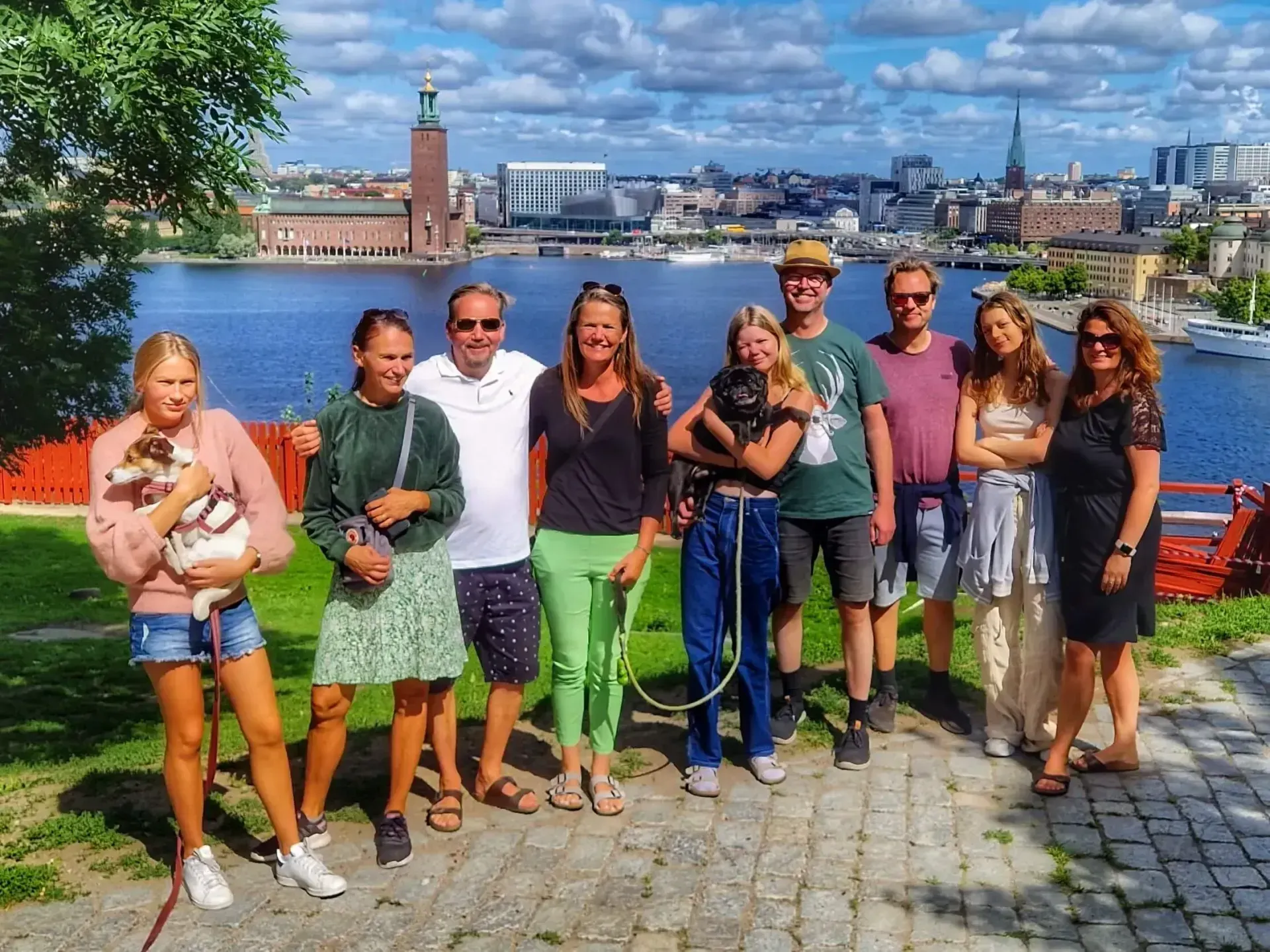 Grupp människor och två hundar poserar framför Stockholms skyline