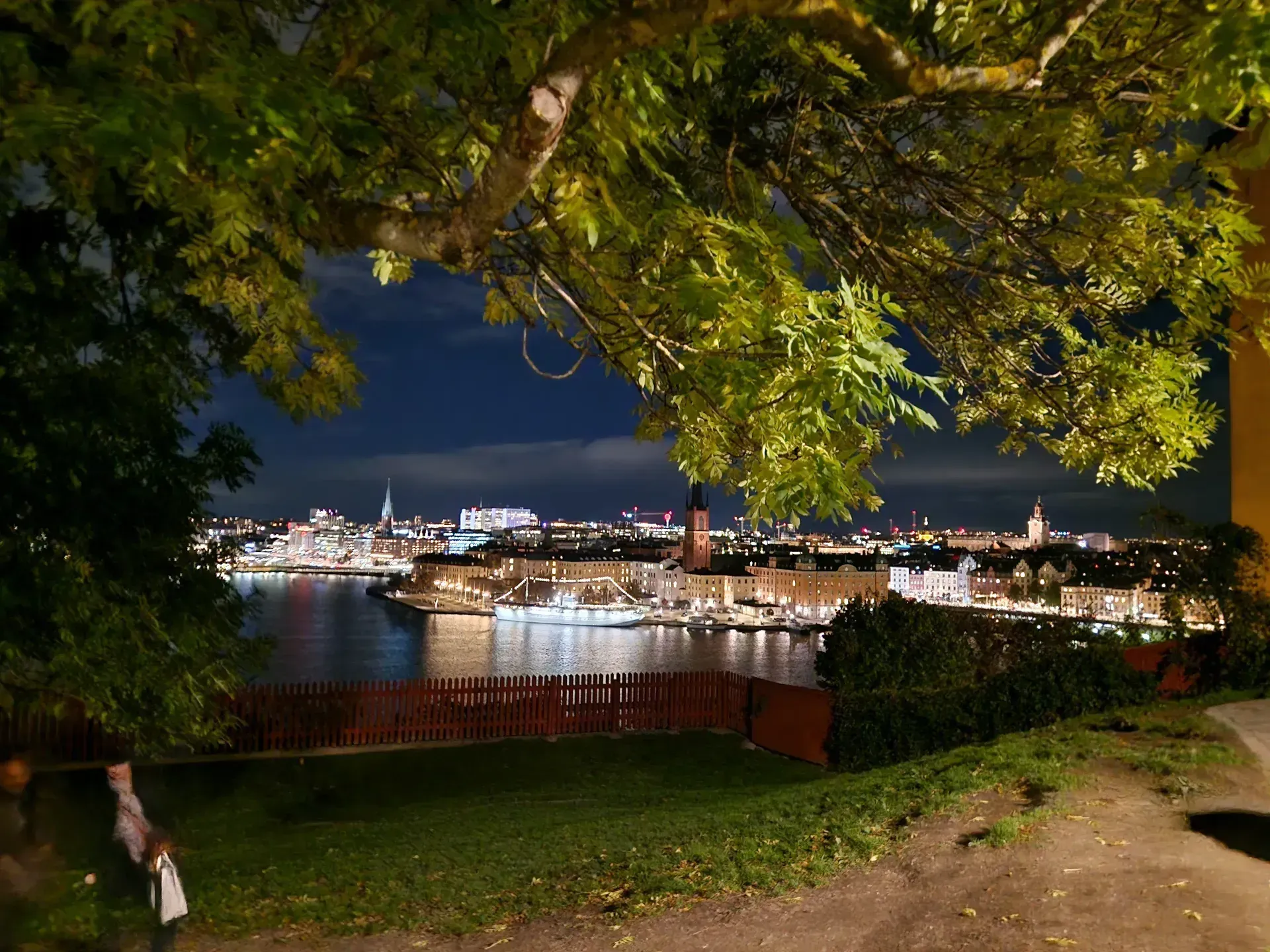 Nattvy över Stockholm från Söders höjder. Vatten, byggnader och träd. Stadens ljus speglas i vattnet