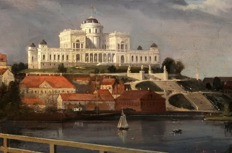 Målning av stad vid vatten med stort vitt hus på kulle och trappor. Segelbåt på vattnet
